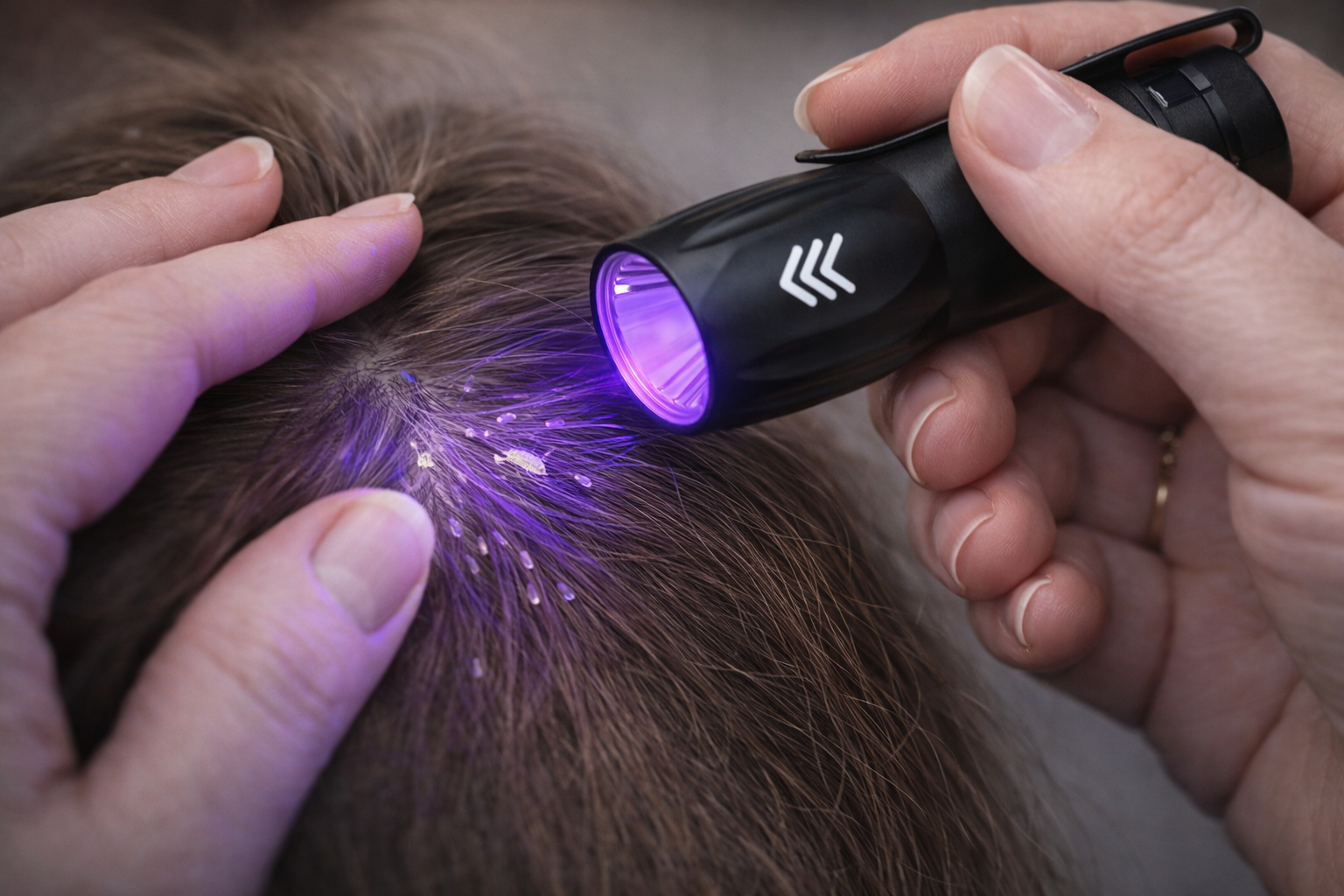 Illustration of a UV black light flashlight held over a child's hair, showing lice eggs (nits) and a louse fluorescing and glowing against the hair shaft under ultraviolet light